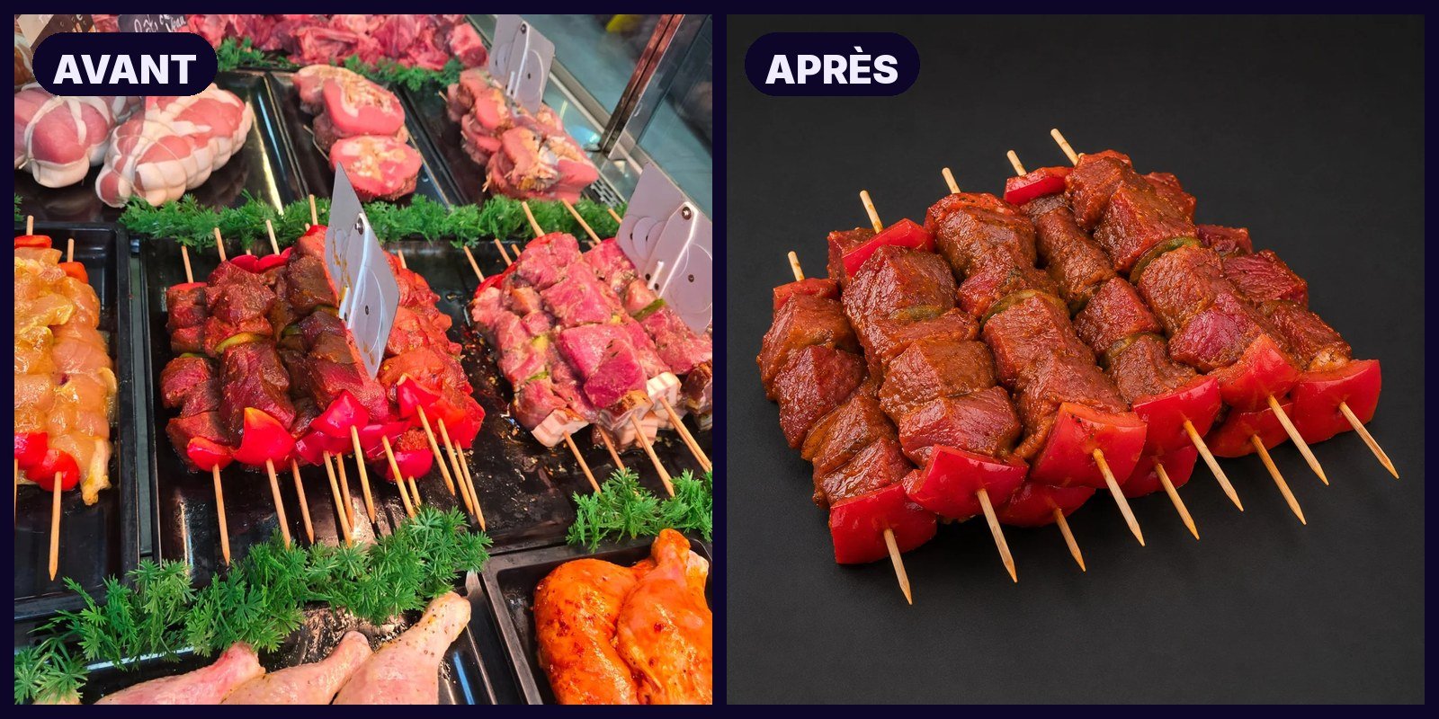 Des brochettes de boeuf en vitrine de boucherie, puis les memes brochettes isolees sur fond noir en rendu studio