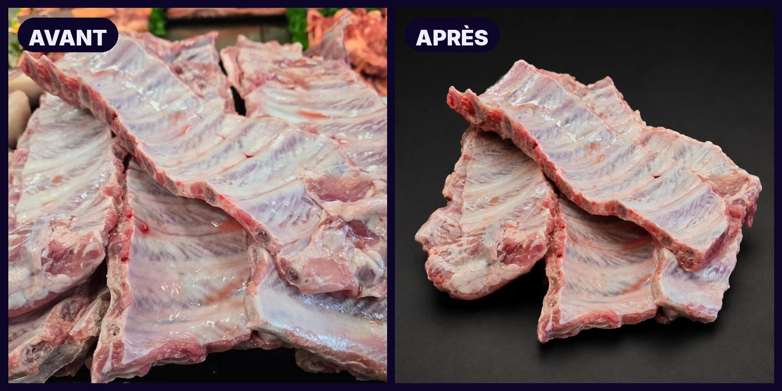 Des travers de porc en vitrine de boucherie, puis les memes travers isoles sur fond noir en rendu studio