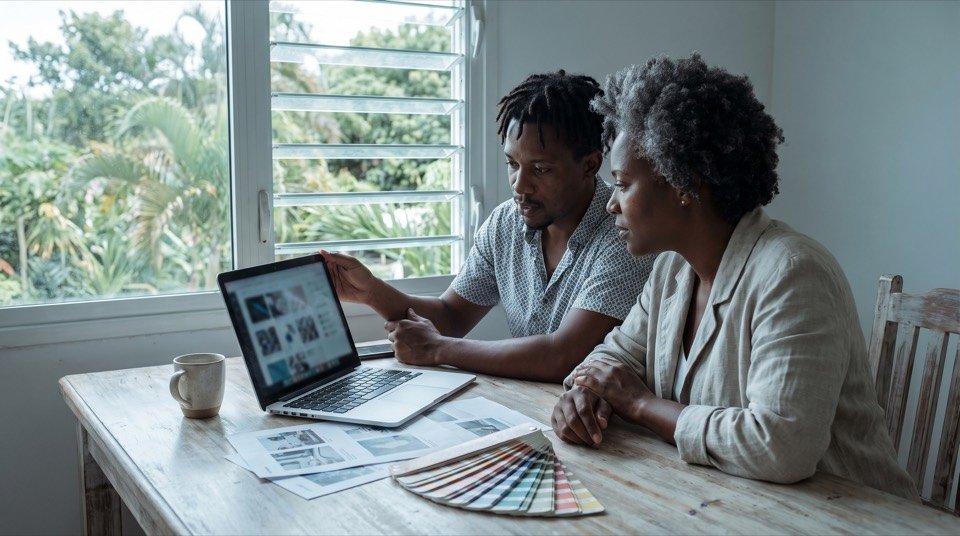 Deux professionnels guadeloupéens travaillent ensemble sur des contenus produits avec l'IA