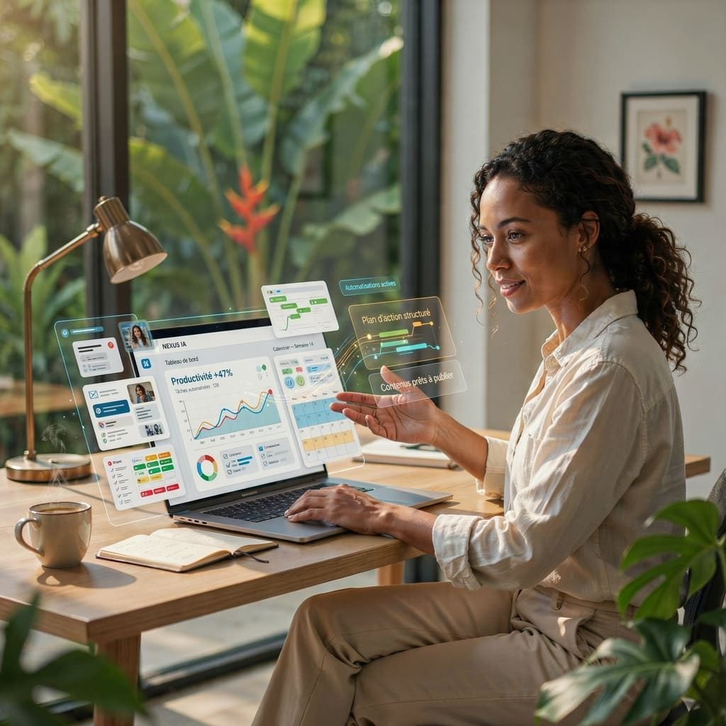 Une professionnelle pilote ses tableaux de bord et ses automatisations IA depuis son ordinateur portable, dans un bureau lumineux ouvert sur la végétation tropicale